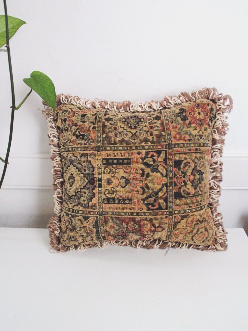 Vintage Tapestry Throw Pillow Fringe 12" Patchwork Boho Hand Woven Oriental